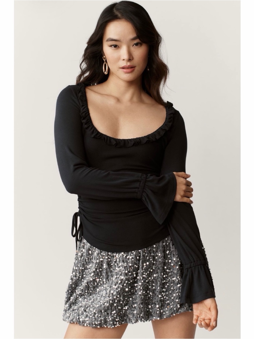 NEW Anthropologie Maeve Black Long-Sleeve Scoop-Neck Ruched Bell-Cuff Top MEDIUM